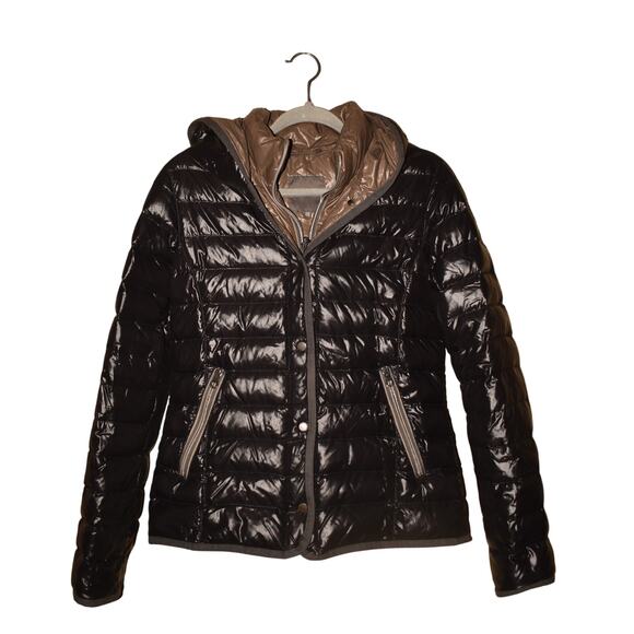 DUVETICA $900 Black Glossy Goose Down Hooded Zip Puffer Jacket IT 46 / US 10 - Picture 1 of 4